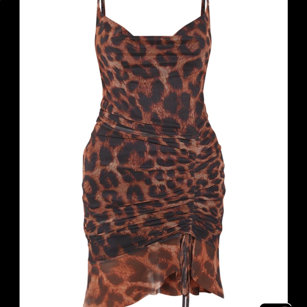 Brown Mesh Leopard Print Ruched Bodycon Dress